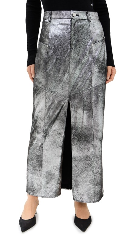 AMUR Jil Midi Faux Leather Skirt Chrome