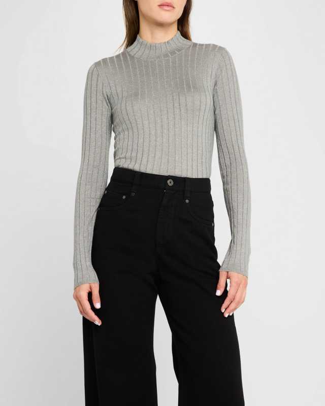 Metallic-Rib Cuff Cashmere-Silk Sweater