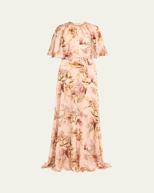 Beaded Floral-Print Capelet Gown