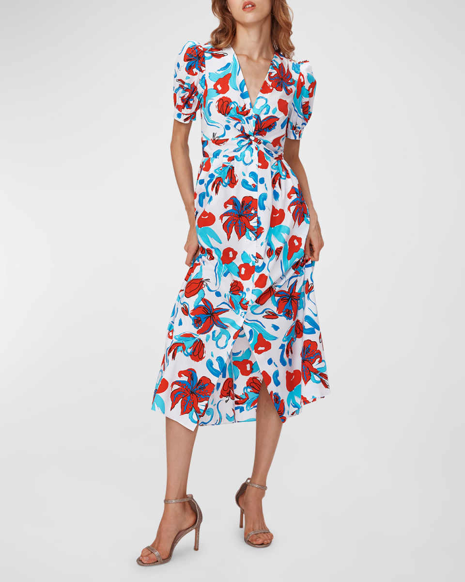 Heather Pleated Floral-Print Midi Dress