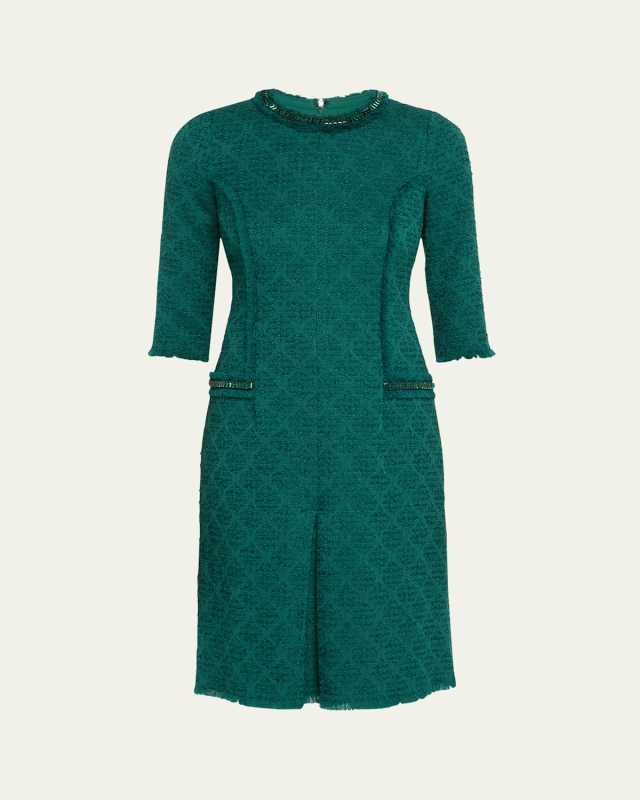 Fringe-Trim Stretch Boucle Dress