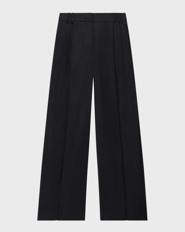 Pleated Front Wide-Leg Linen Trousers
