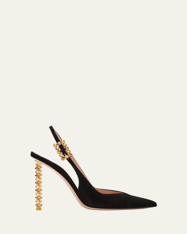 Suede Crystal Stiletto Slingback Pumps