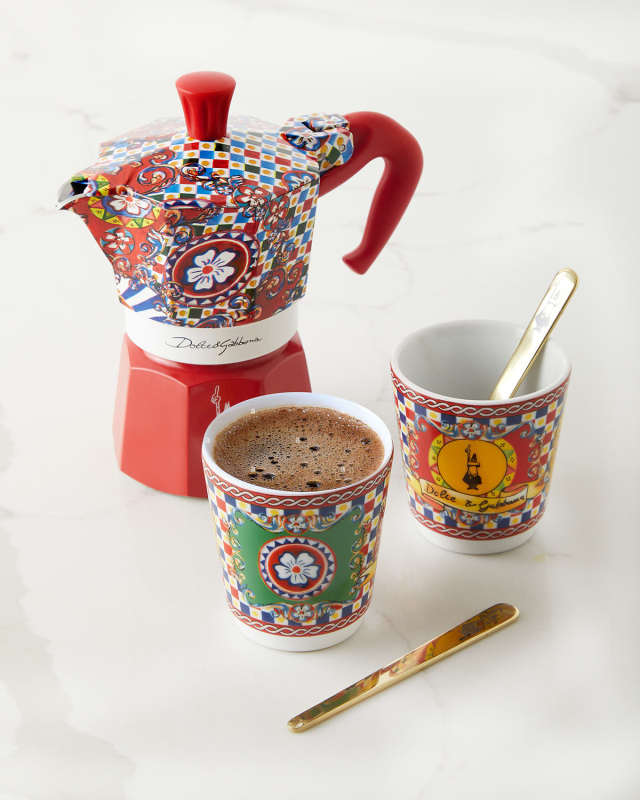 2 Cup Moka Pot With Porcelain Cups And Golden Stirrers