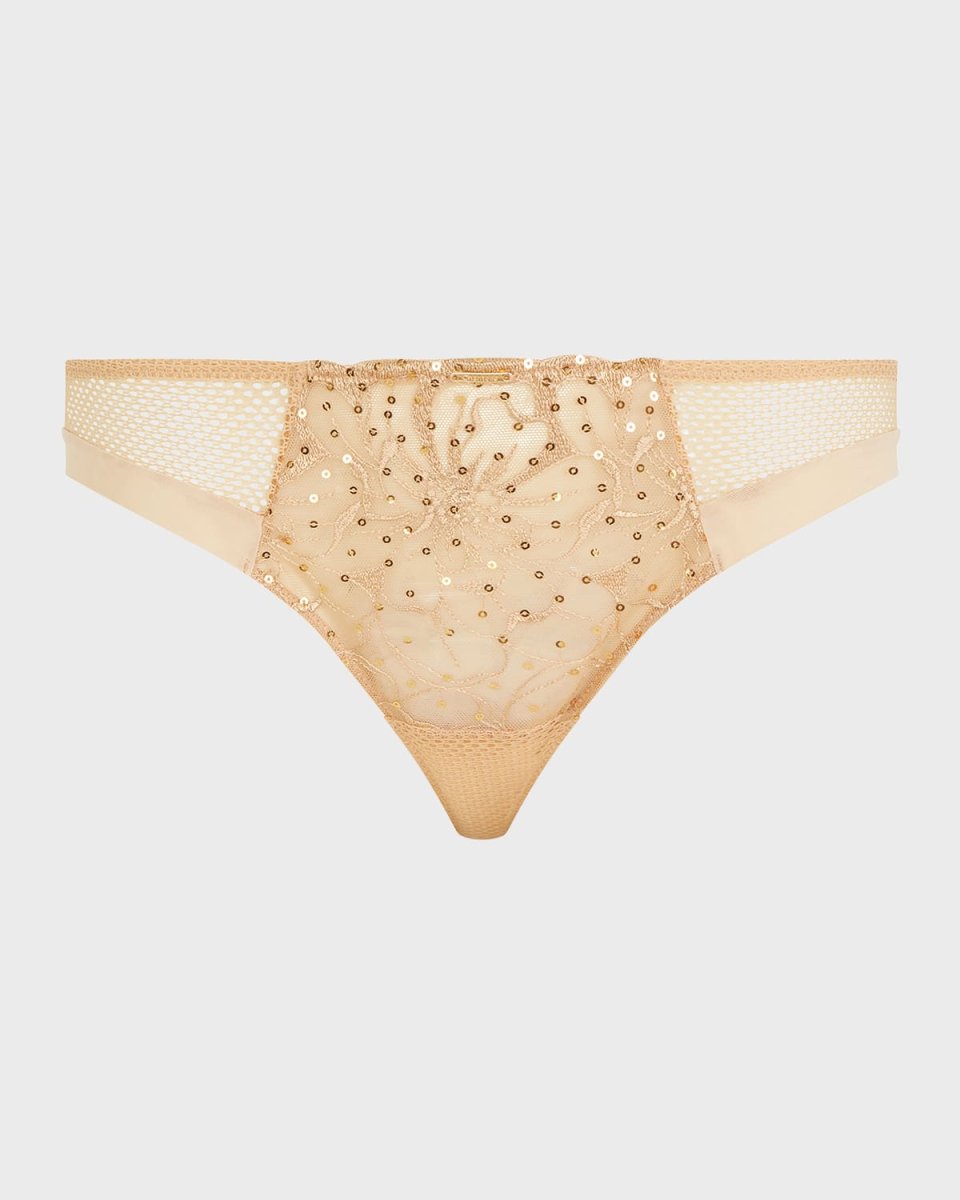 Fleurs Floral-Embroidered Tulle & Fishnet Tan