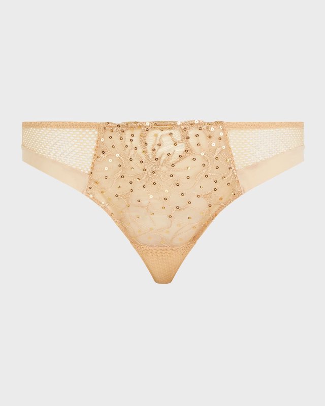 Fleurs Floral-Embroidered Tulle & Fishnet Tan
