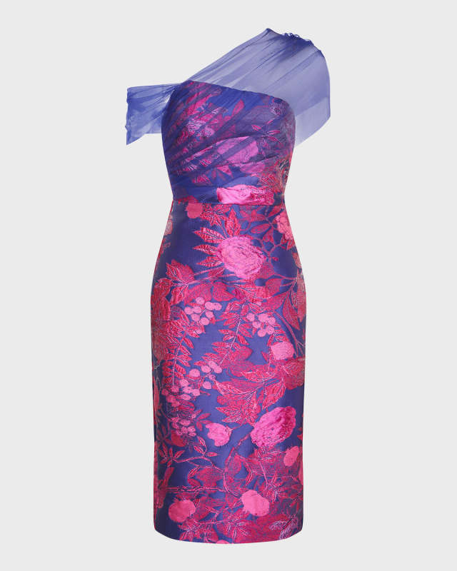 Ruth Floral Jacquard One-Shoulder Midi Dress