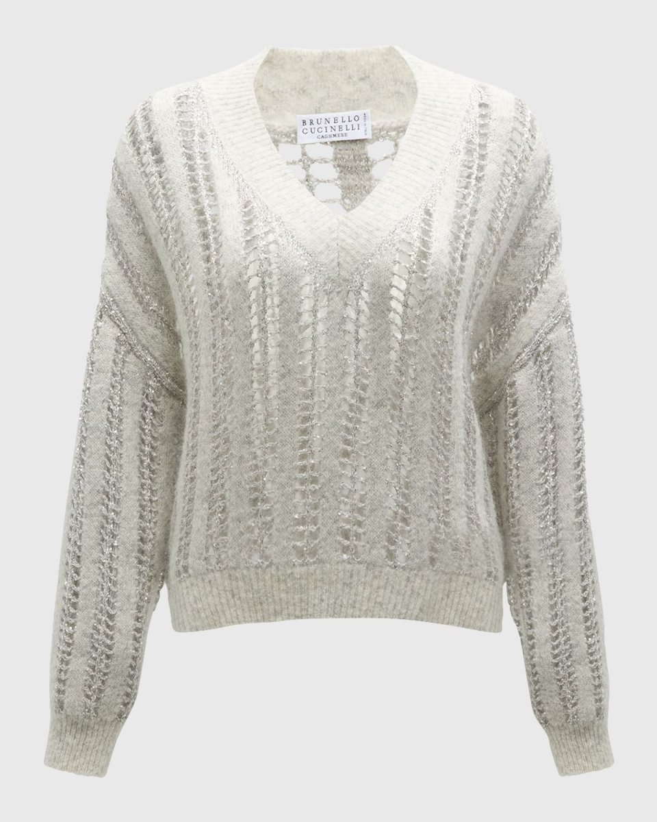Mohair Wool Lattice Knit Sweater with Paillette Detail