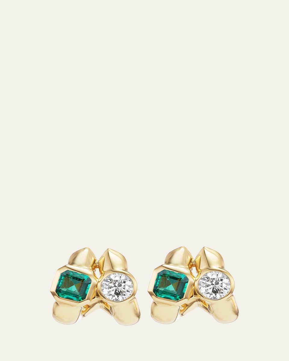 Twin Tusk 18K Yellow Gold Huggie Earrings With Asscher-Cut And Round Stones