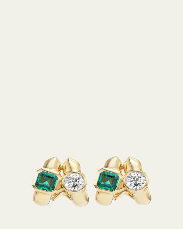 Twin Tusk 18K Yellow Gold Huggie Earrings With Asscher-Cut And Round Stones