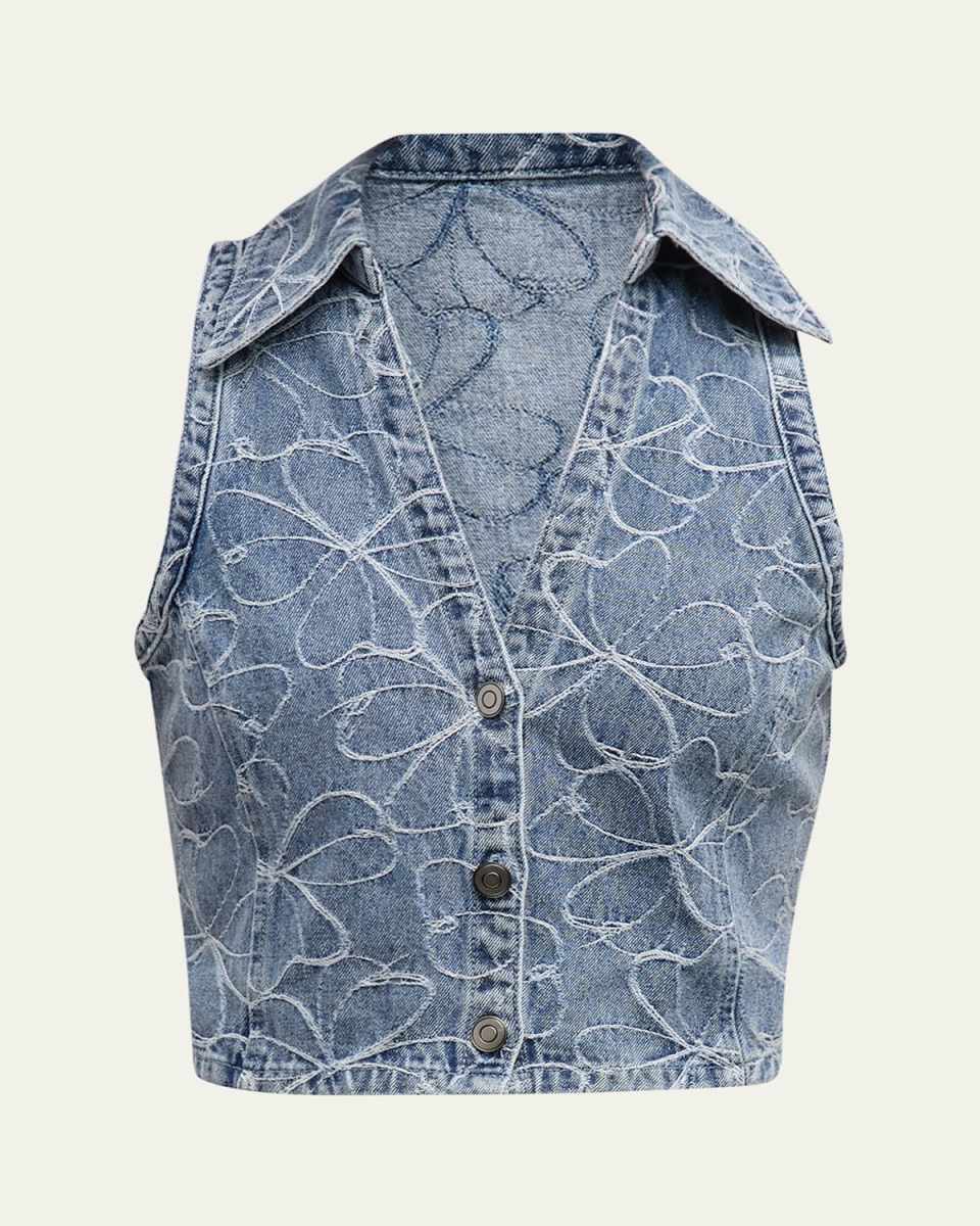 Deacon Floral-Embroidered Denim Vest