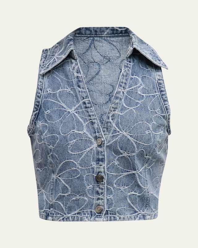 Deacon Floral-Embroidered Denim Vest