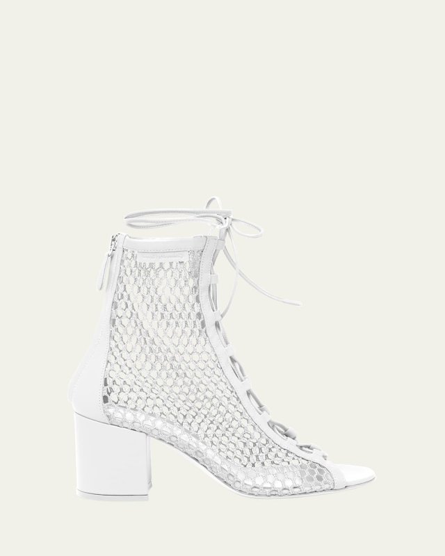 Net Leather Lace-Up Booties