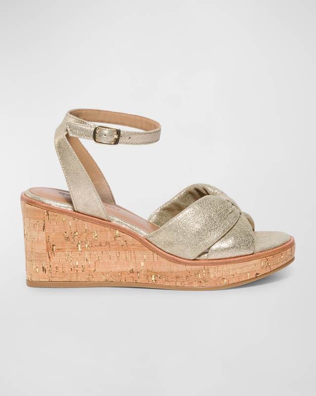 Leather Cork Ankle-Strap Wedge Sandals
