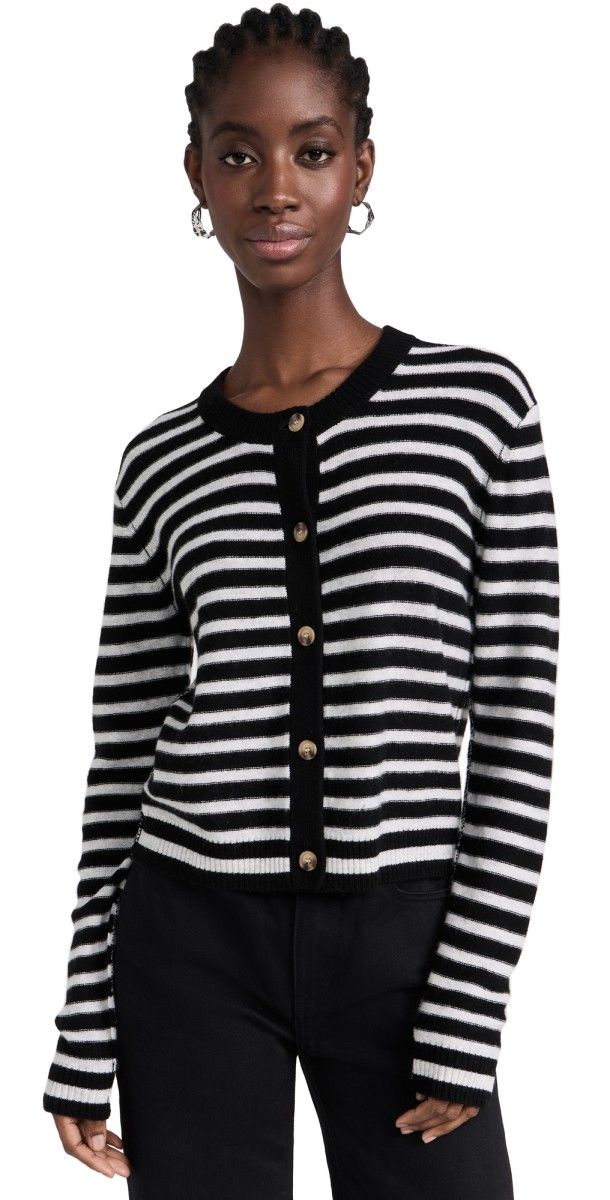 ATM Anthony Thomas Melillo Wool Cashmere With Stripe Cropped Cardigan Black/Grey
