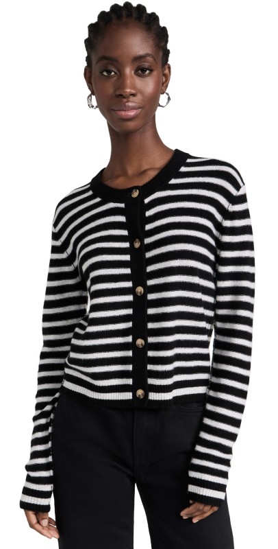 ATM Anthony Thomas Melillo Wool Cashmere With Stripe Cropped Cardigan Black/Grey