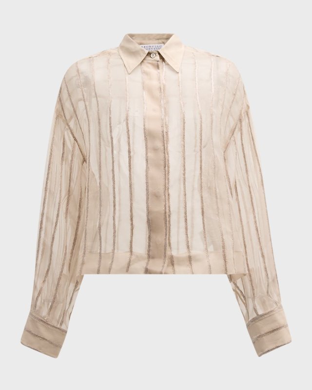 Crispy Silk Button-Front Blouse with Sequin Stripes
