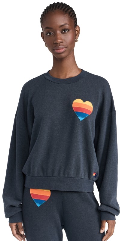 Aviator Nation Rainbow Heart Stitch Relaxed Crew Sweatshirt Charcoal