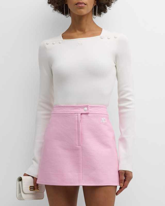 Snap-Shoulder High-Neck Milano Knit Long-Sleeve Sweater