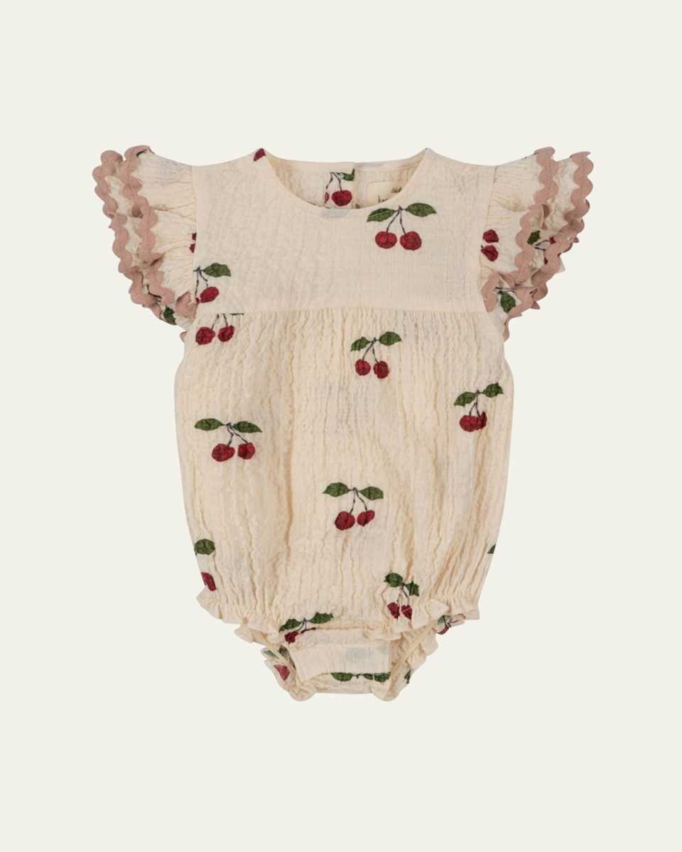 Girl's Elin Cherry Frill Organic Cotton Romper, Size 3M-18