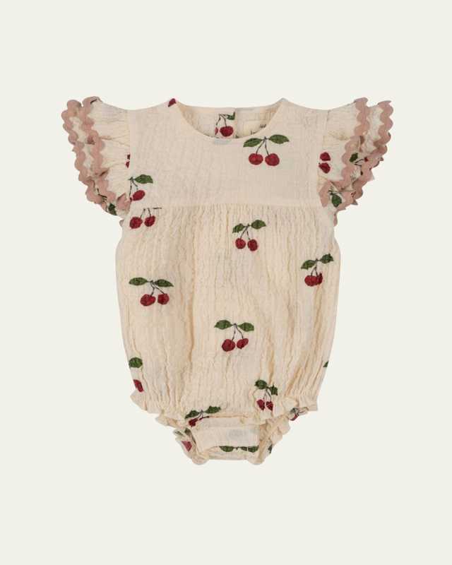 Girl's Elin Cherry Frill Organic Cotton Romper, Size 3M-18