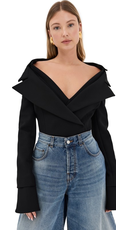 A. W.A. K.E. MODE Low Cut DÉColletÉ Jacket Bodysuit with Shirting Detailing Black