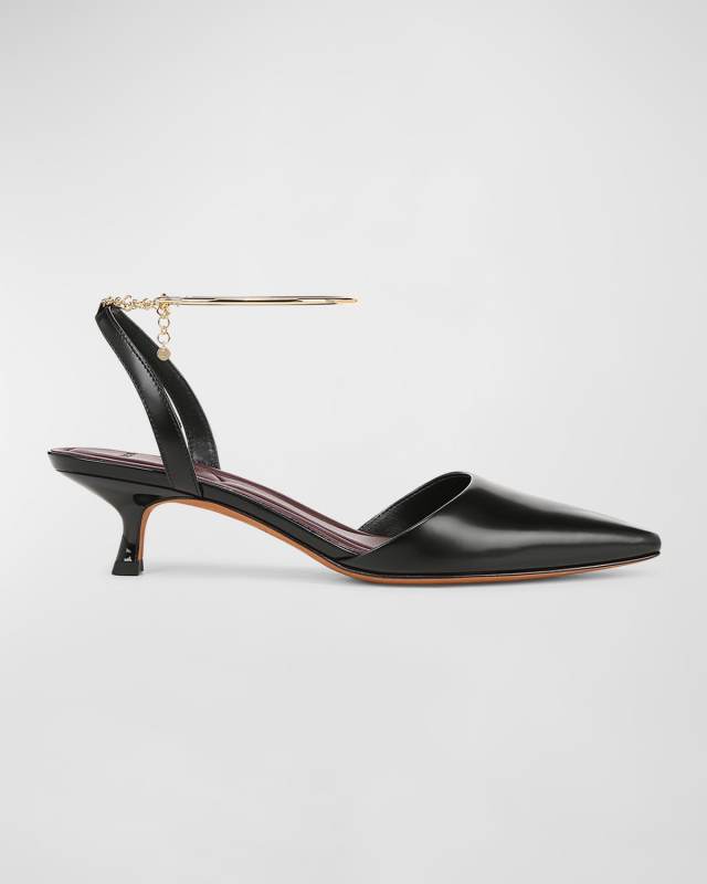Leather Ankle-Chain Slingback Pumps