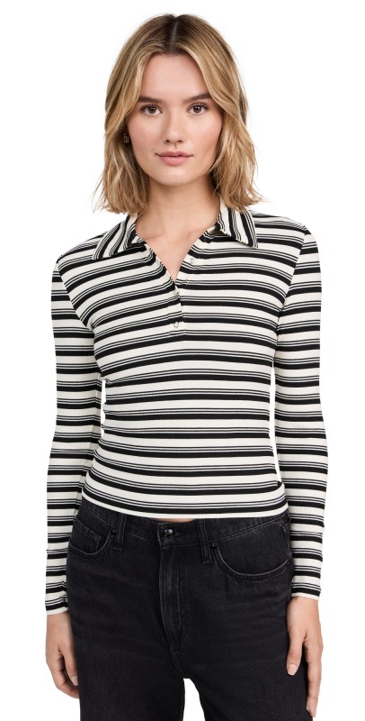 LNA Sylvie Collared Ribbed Long Sleeve Tee Black Multi Stripe