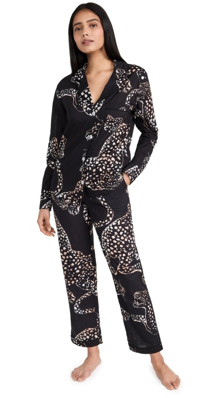 Desmond & Dempsey Womens Long Sleeve Jaguar Pajama Set Navy