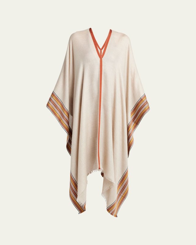V-Neck Poncho w/ Multi-Stripe Hem