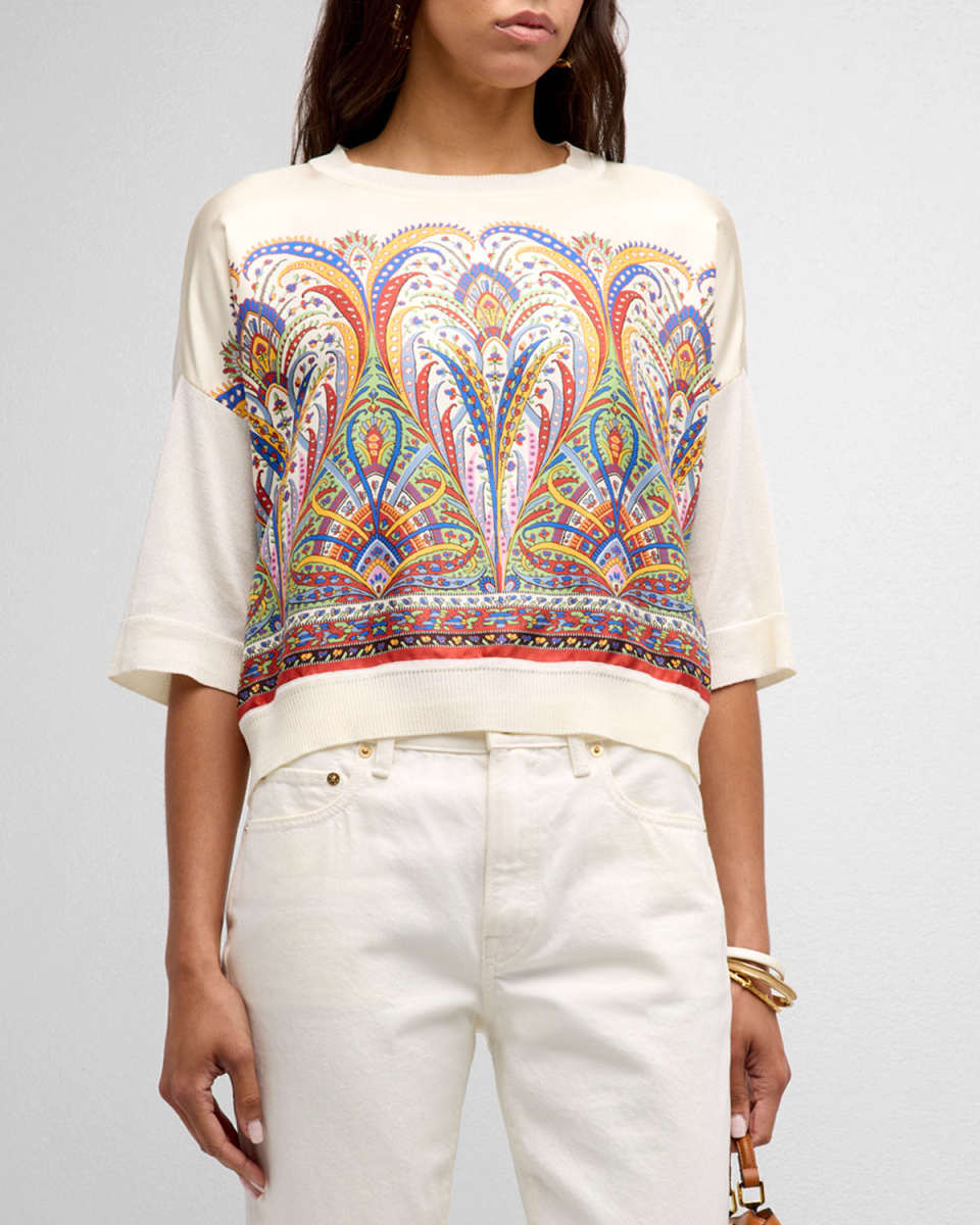 Engineer-Print Silk-Panel Short-Sleeve Crop Sweater