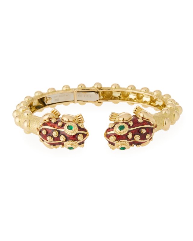 18k Gold Baby Frog Cuff Bracelet in Red Enamel