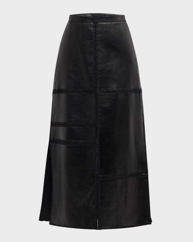 Block Panel Nappa Leather Midi Skirt