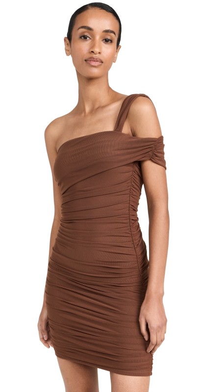 RE ONA Ruched Mesh Mini Dress Chocolate