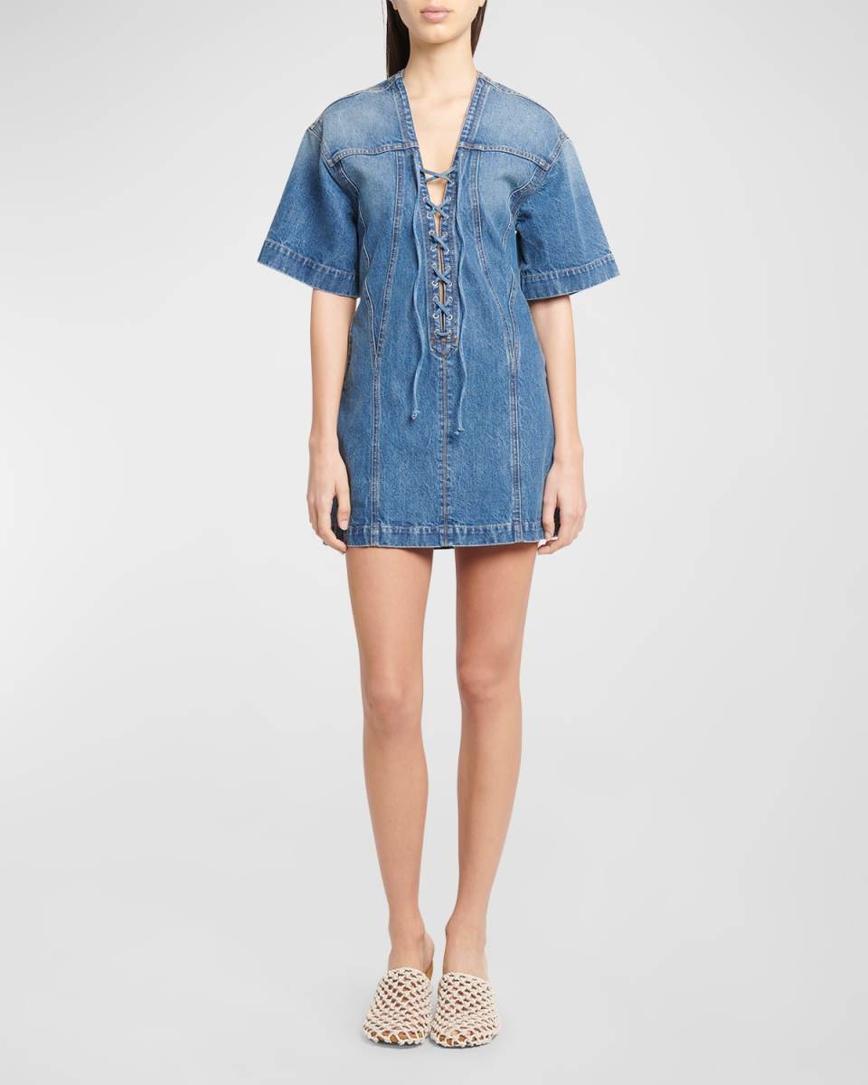 Laced V-Neck Short-Sleeve Vintage Denim Mini Dress