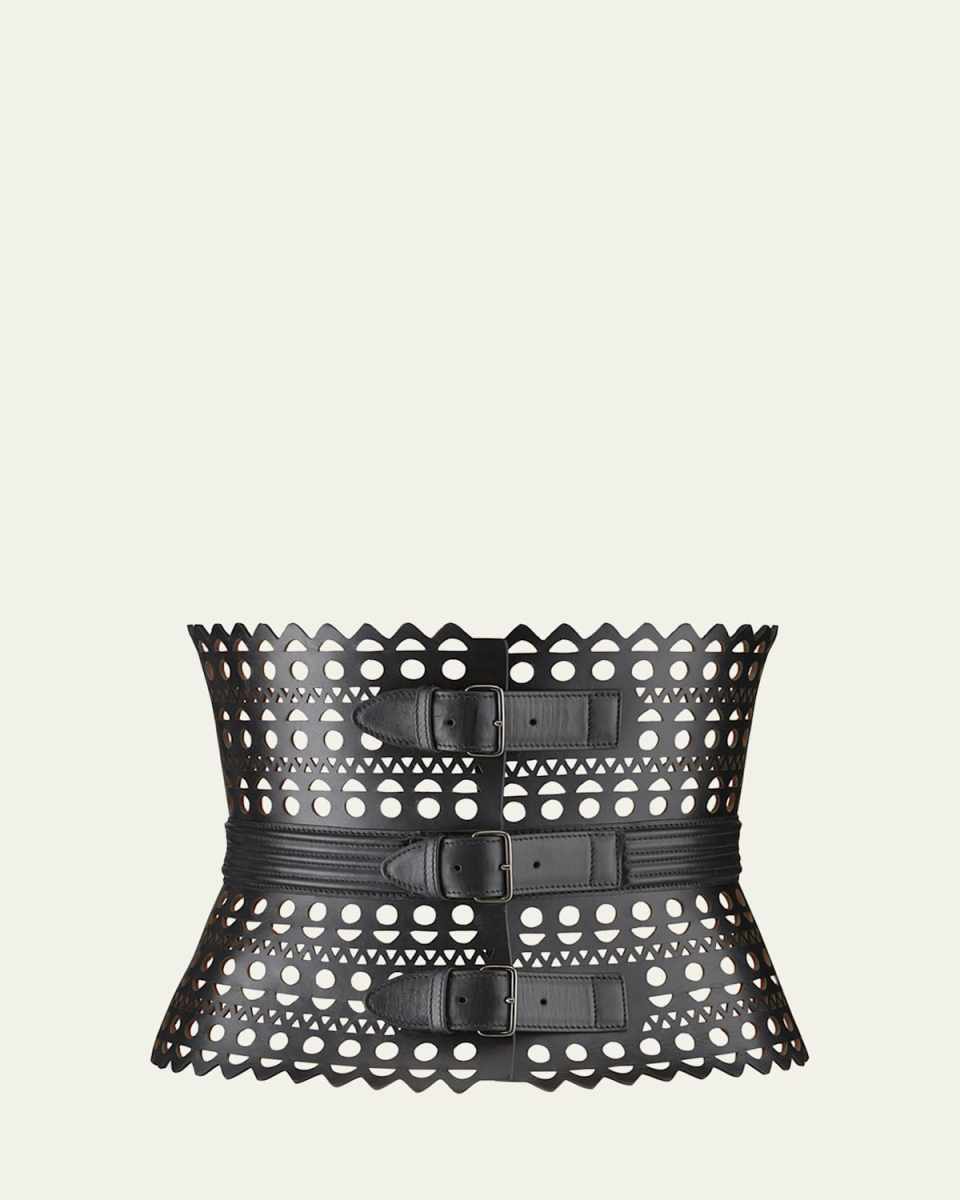 Openwork Wide Triple-Buckle Leather Corset Belt