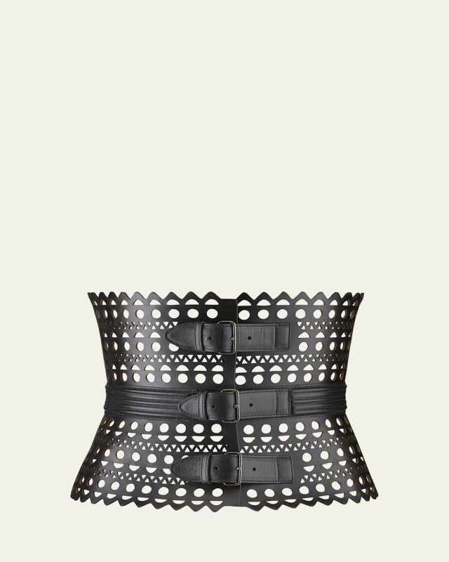 Openwork Wide Triple-Buckle Leather Corset Belt