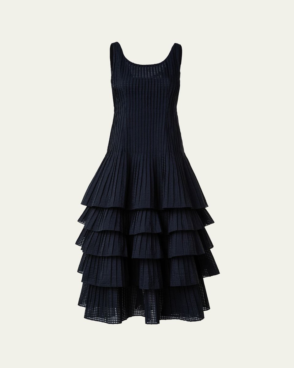 Organza Grid Midi Dress with Plisse Layer Skirt
