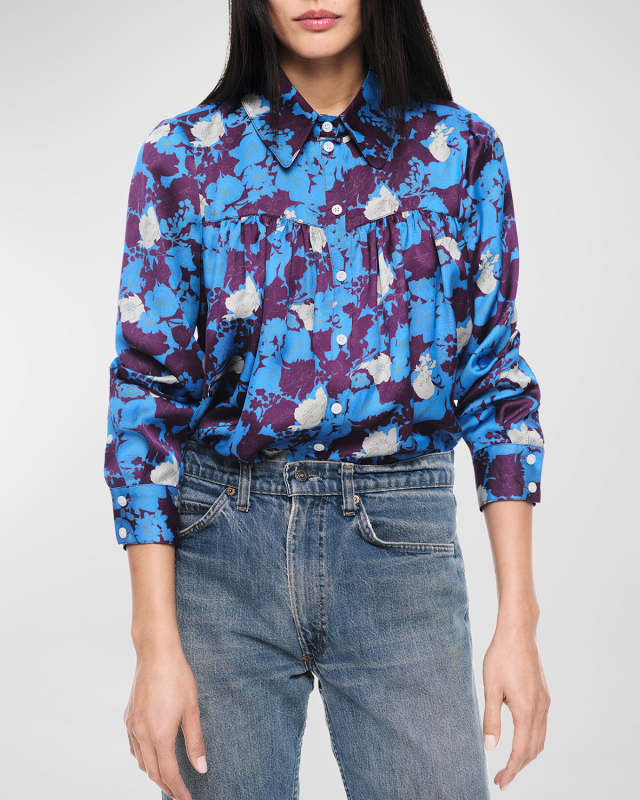 Floral Shirred Point-Collar Blous