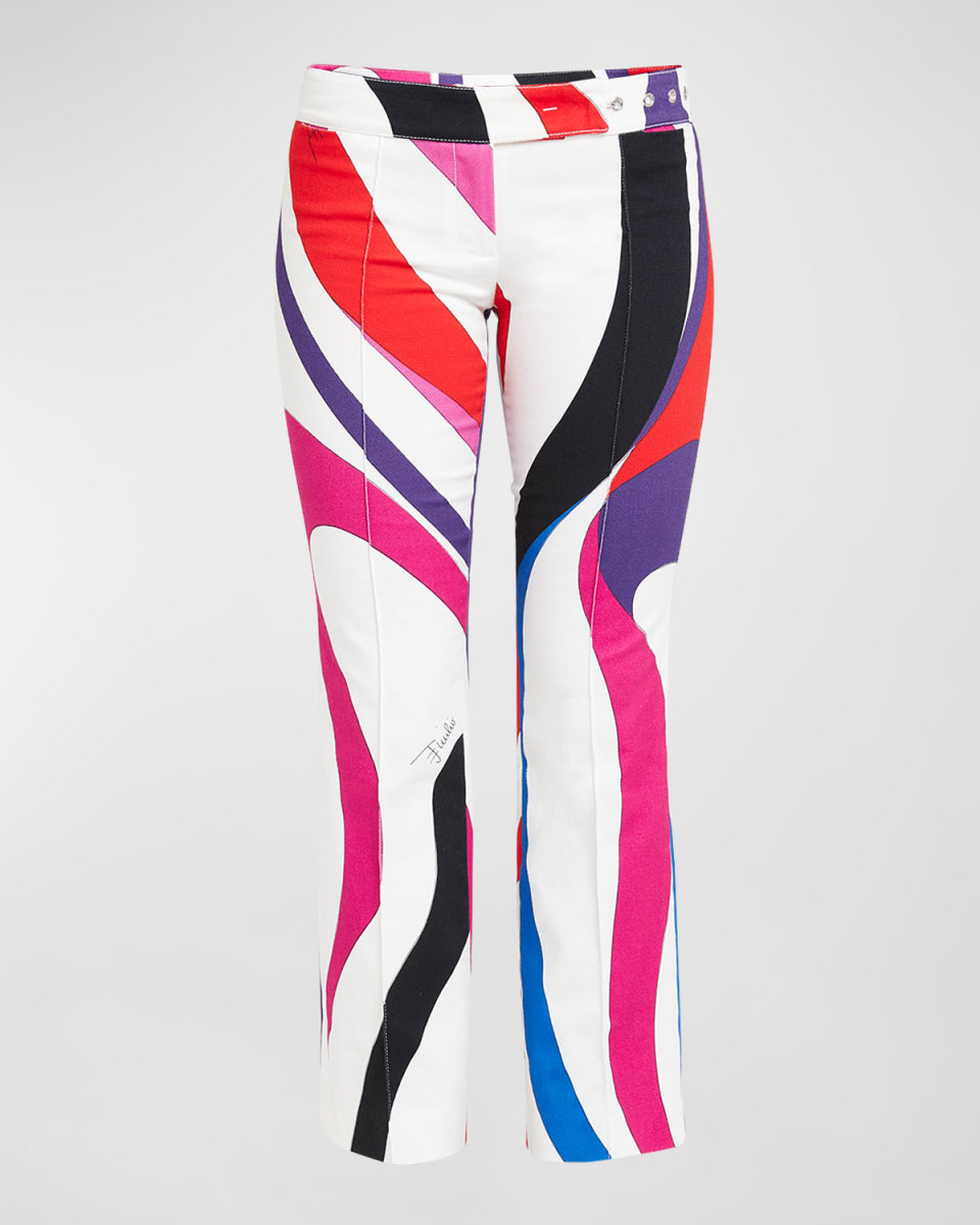Low-Rise Swirl-Print Pintuck Slim-Leg Ankle Trousers
