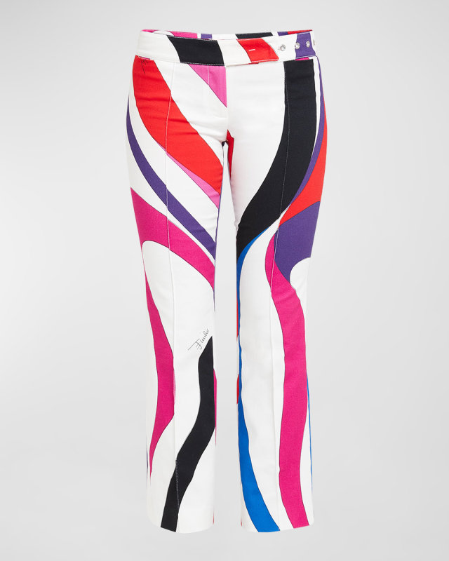 Low-Rise Swirl-Print Pintuck Slim-Leg Ankle Trousers