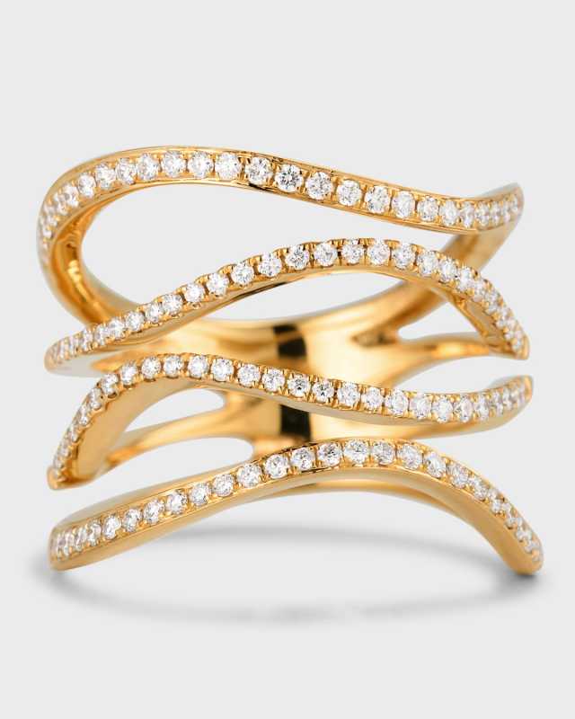 Sparkle 18K Yellow Gold Four Row Wavy Diamond Ring, Size 6