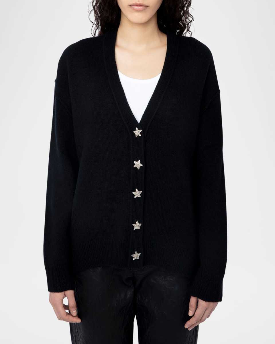 Mirka Crystal Star-Buttons V-Neck Cashmere Cardigan