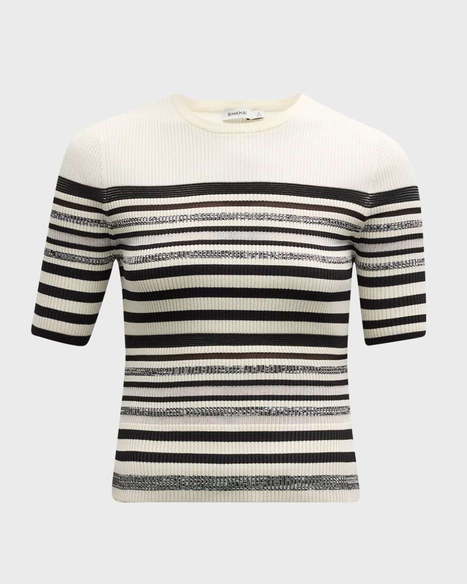 Elena Ribbed Metallic Stripe Short-Sleeve Top