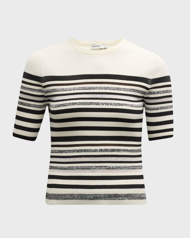 Elena Ribbed Metallic Stripe Short-Sleeve Top
