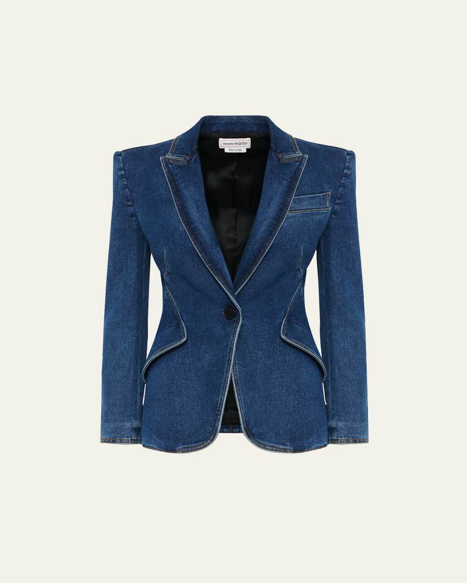 Medium-Wash Denim Single-Breasted Blazer
