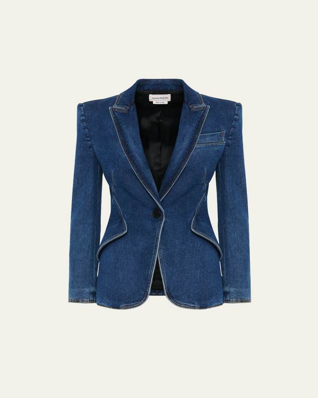 Medium-Wash Denim Single-Breasted Blazer