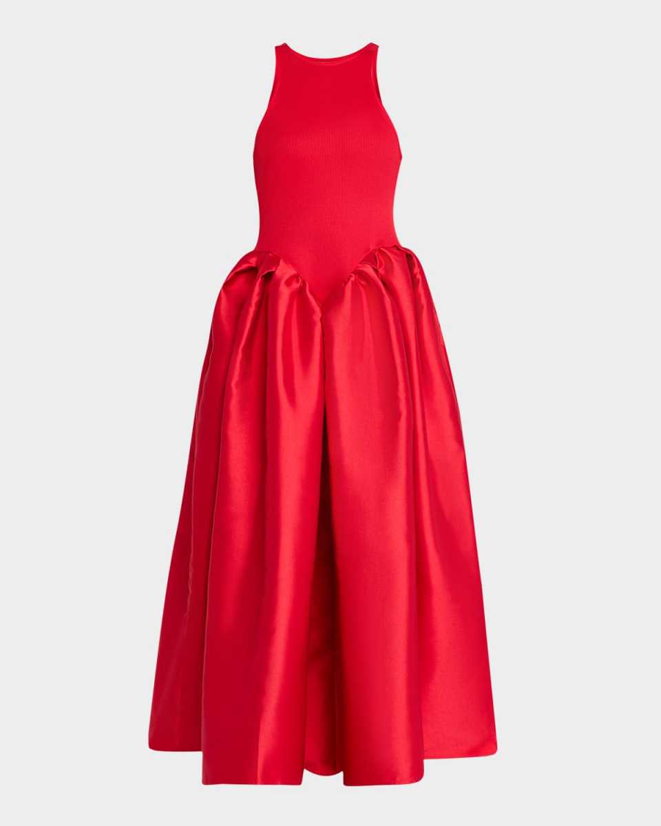 Heavy Satin and Rib-Jersey Long Dress
