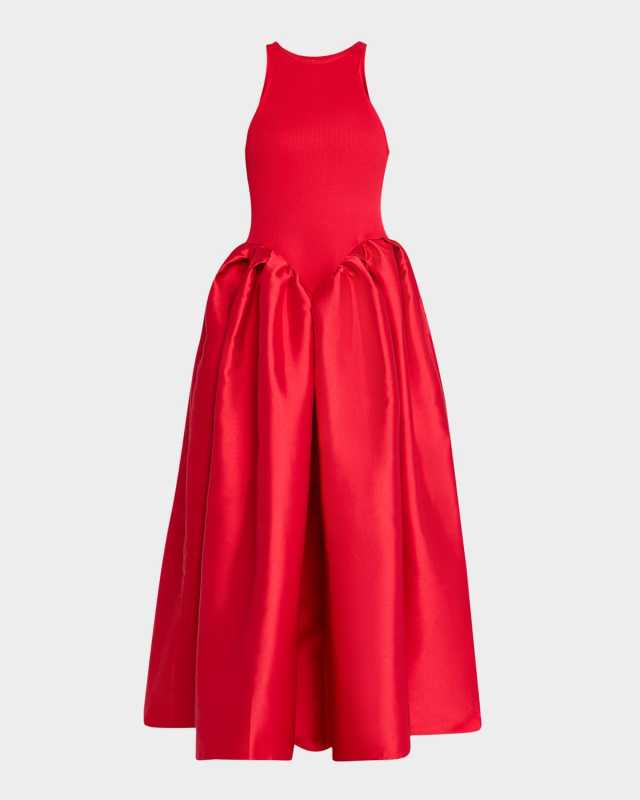 Heavy Satin and Rib-Jersey Long Dress