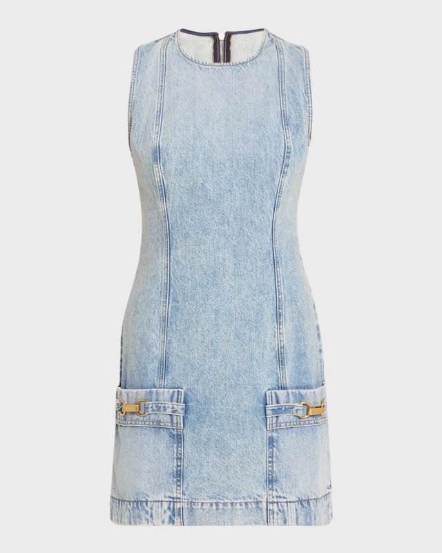Vintage Blue Denim Mini Dress with Hardware Details